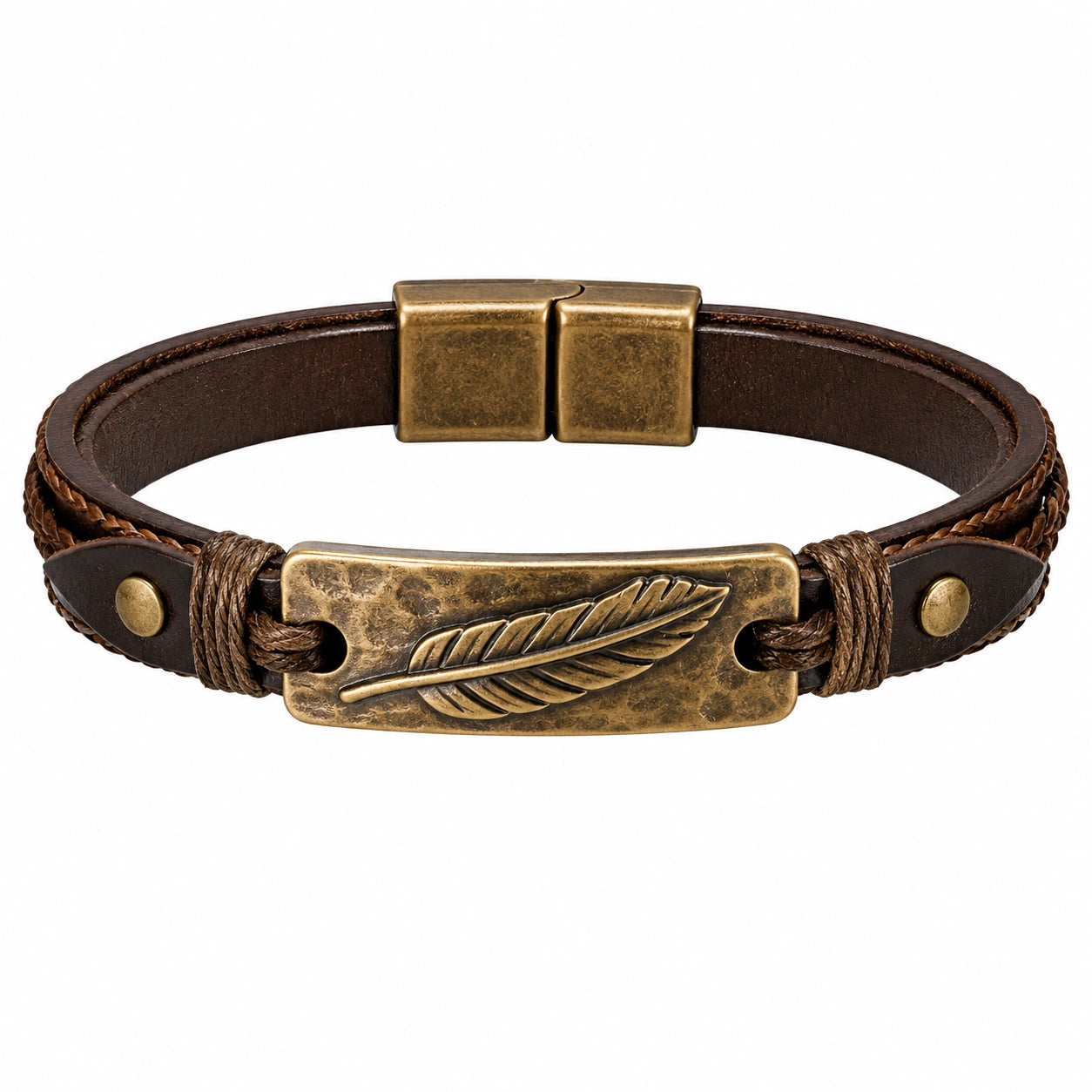 Bracciale Vintage in Pelle Marrone con Piuma Incisa