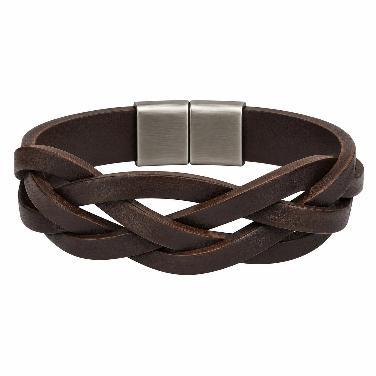 Bracciale intrecciato in pelle marrone con chiusura magnetica