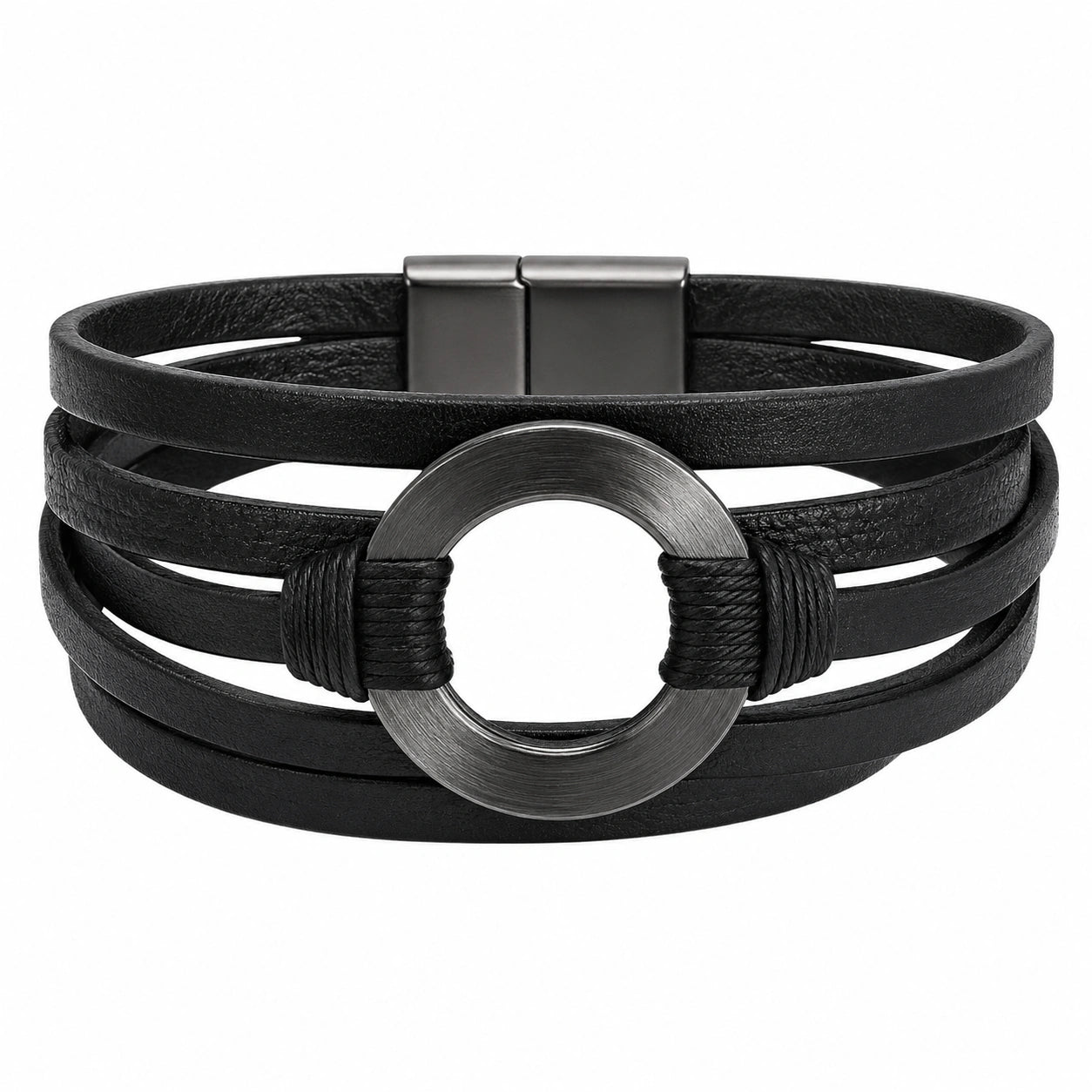 Bracciale in Pelle Nera con Anello in Metallo
