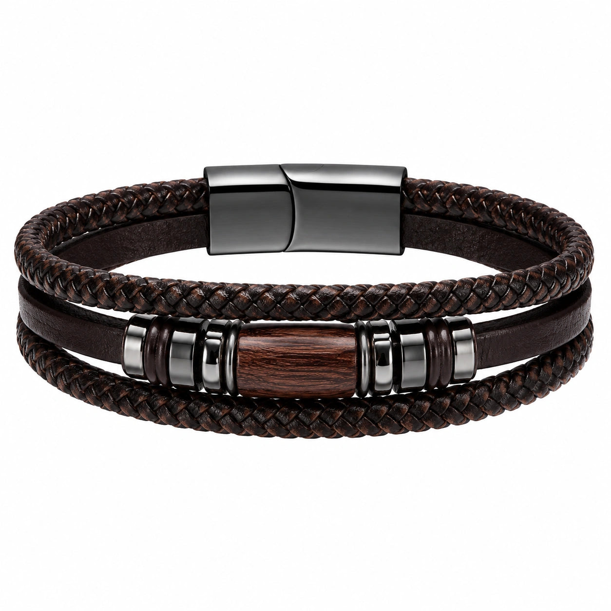Bracciale Intrecciato Multistrato in Marrone con Dettagli Metallici