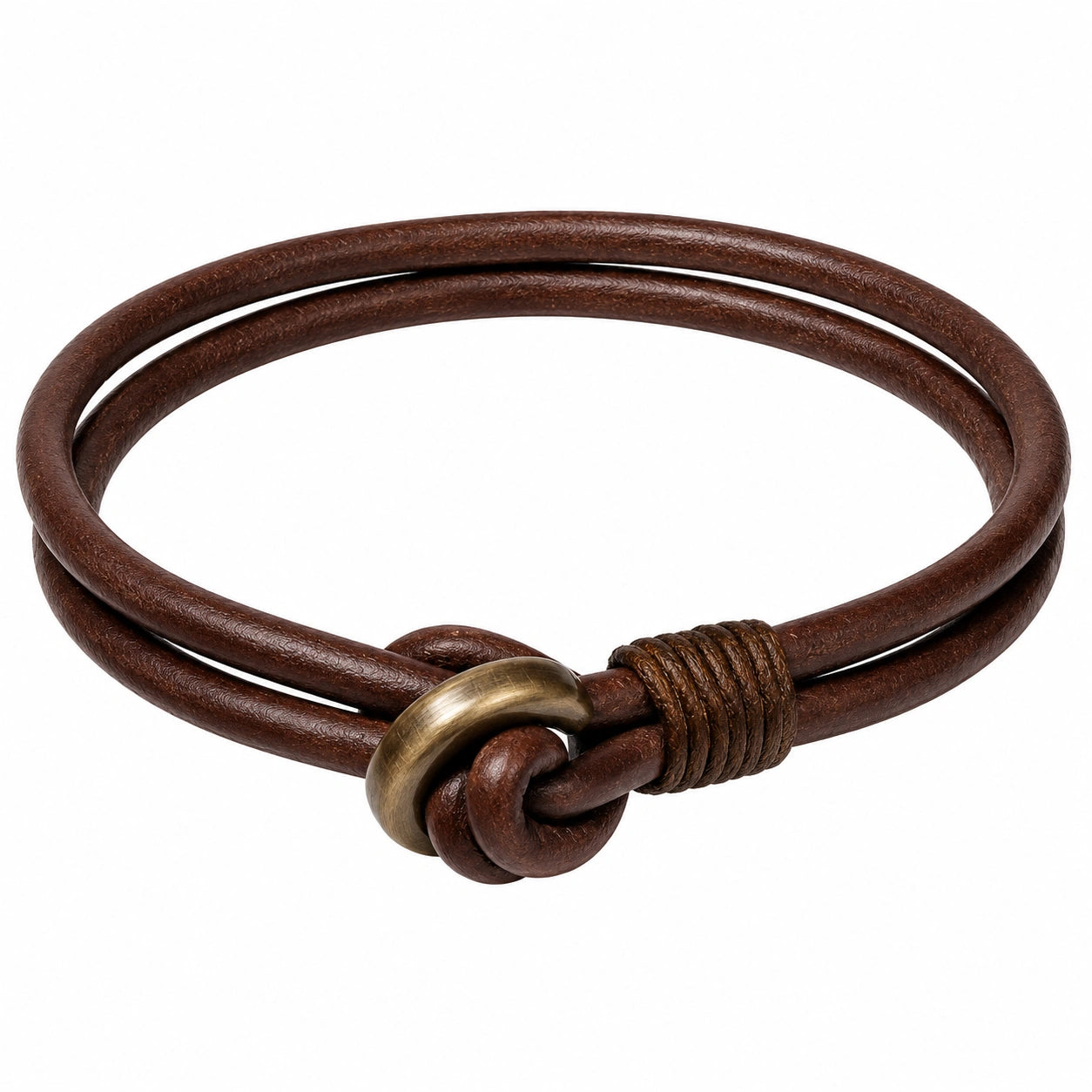 Braccialetto artigianale con nodo e anello metallico - Marrone