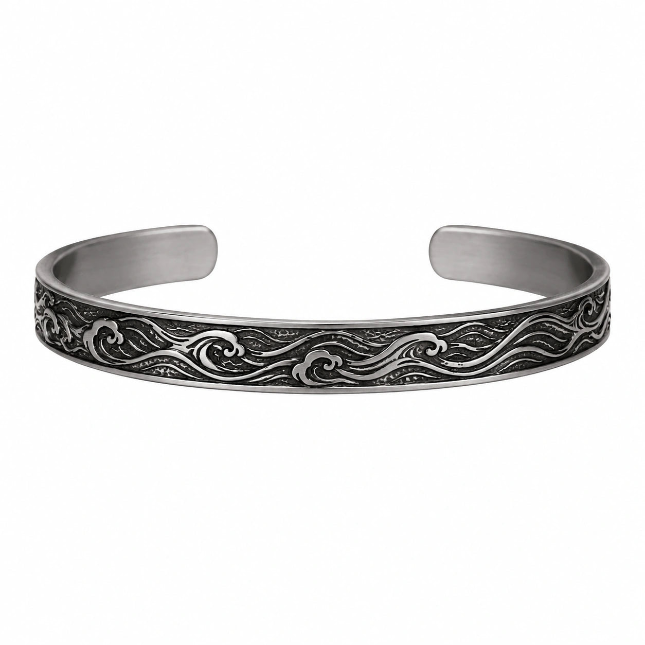 Bracciale rigido aperto con motivo onde incise in argento